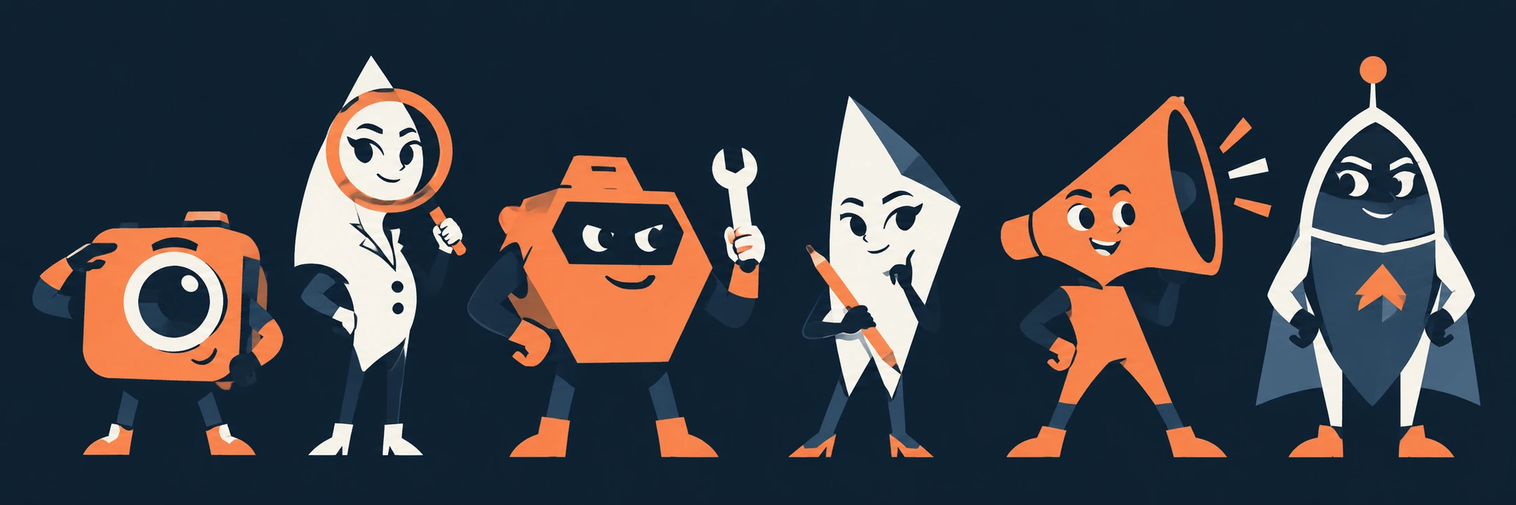 Six graphic squad mascots: camera-shaped Scout, magnifier Inspector, wrench-carrying Mechanic, paper-and-stylus Editor, speaker-shaped Promoter, and shield-shaped Captain with an antenna.
